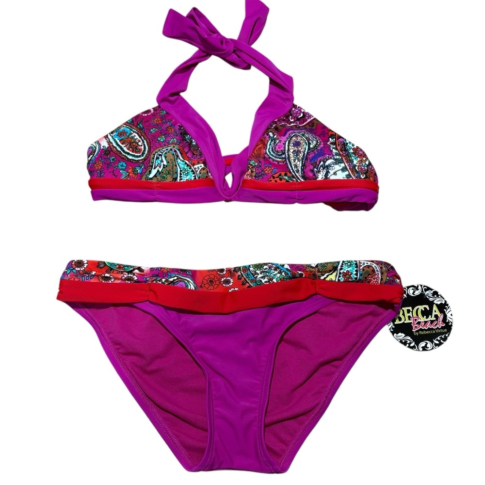 BECCA Beach | Rebecca Virtue Magenta & Red Paisley Colorblock Bikini size M NEW - Picture 2 of 13